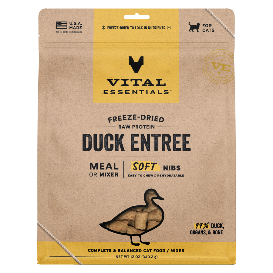 Front packaging of Vital Essentials Freeze Dried Duck Soft Nibs Cat Food 12 oz 