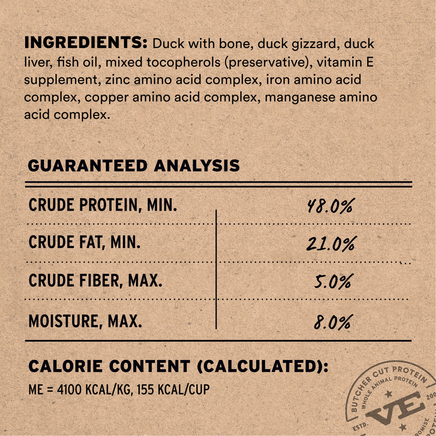 Ingredients,analysis and caloric content  for Vital Essentials Freeze Dried Duck Soft Nibs Cat Food 12 oz