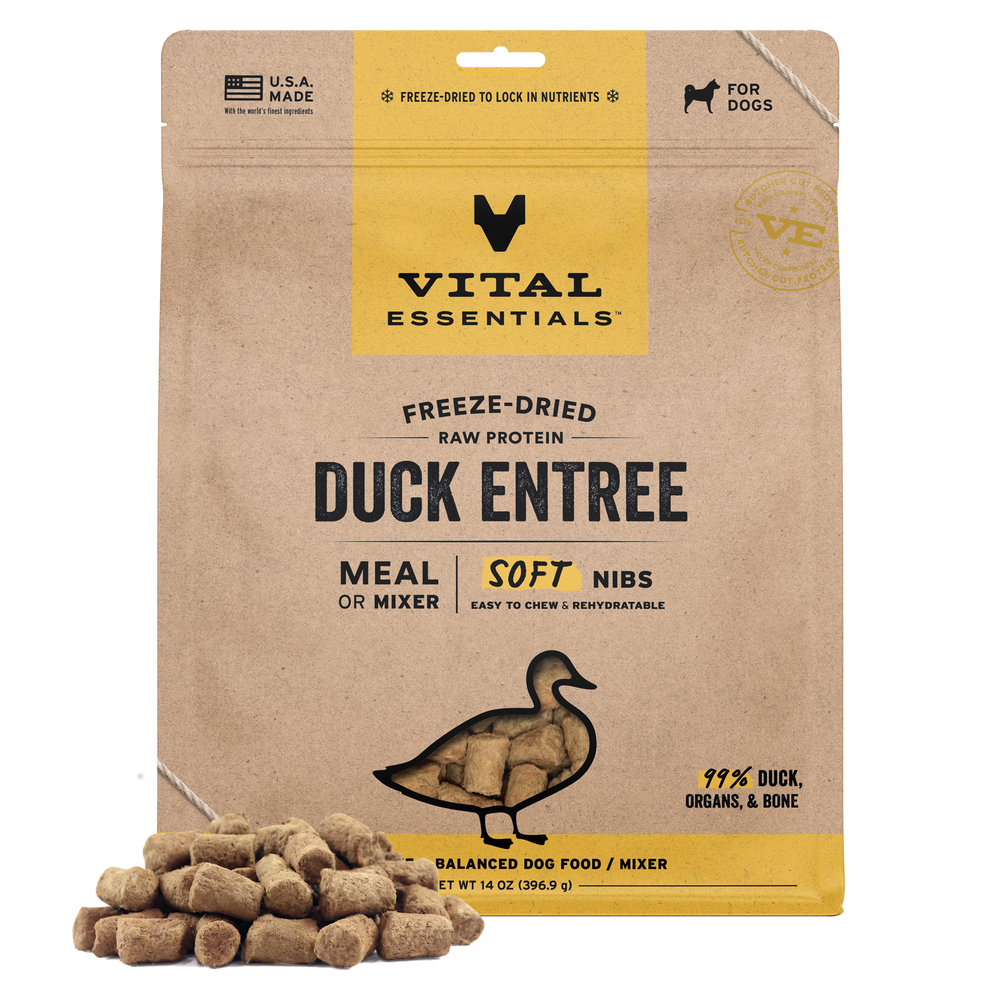 Front Packaging of Vital Essentials Freeze Dried Duck Soft Nibs Dog Food 14 oz