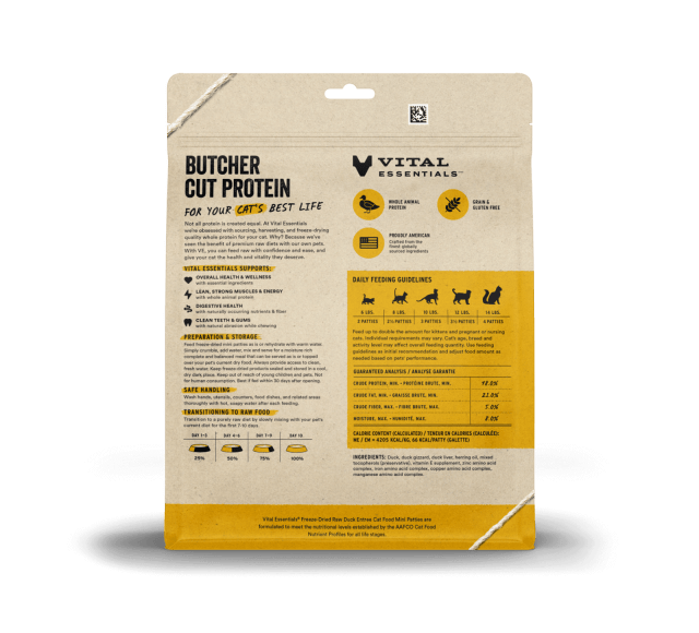 Vital Essentials Freeze Dried Grain Free Duck Mini Patties Limited Ingredient Entree for Cats 8oz, Back Packaging