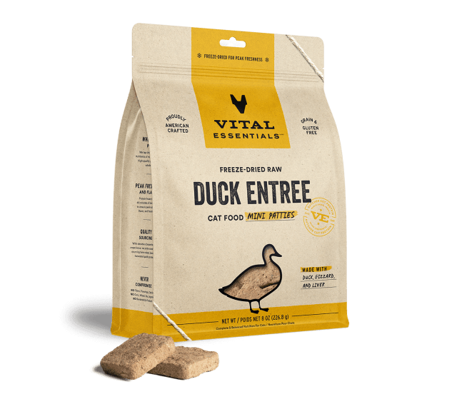 Vital Essentials Freeze Dried Grain Free Duck Mini Patties Limited Ingredient Entree for Cats 8oz, Front Side