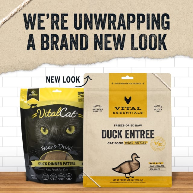 Vital Essentials Freeze Dried Grain Free Duck Mini Patties Limited Ingredient Entree for Cats 8oz, New Packaging
