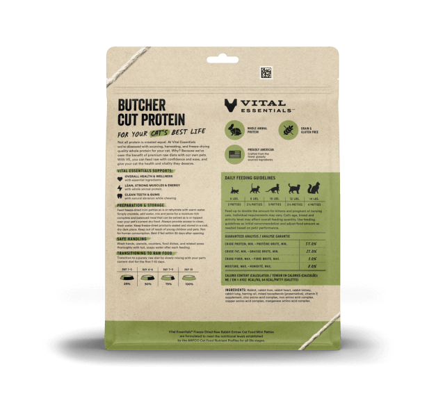 Vital Essentials Freeze Dried Grain Free Rabbit Mini Patties Limited Ingredient Entree for Cats 8oz, Back of bag