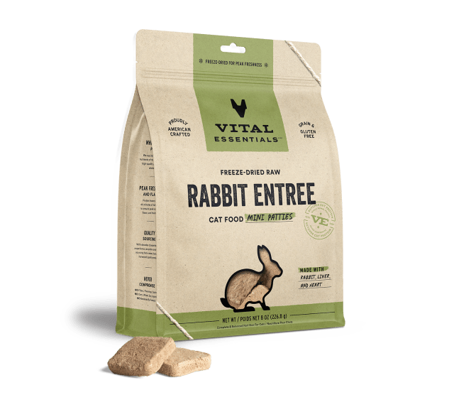 Vital Essentials Freeze Dried Grain Free Rabbit Mini Patties Limited Ingredient Entree for Cats 8oz, Side Front
