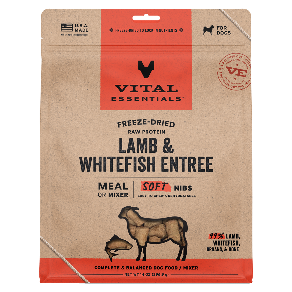 Front packaging of Vital Essentials Freeze Dried Lamb & Whitefish Soft Nibs Dog Food 14 oz