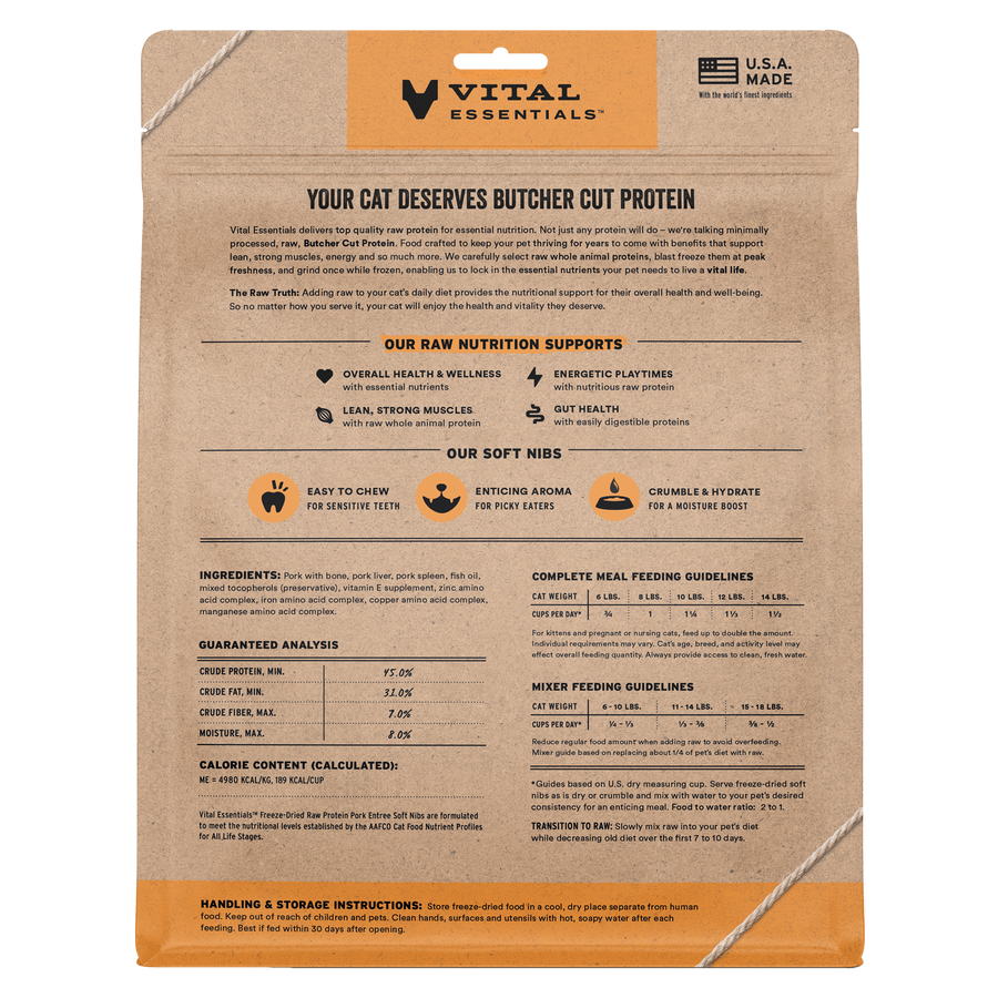 Back packaging of Vital Essentials Freeze Dried Pork Soft Nibs Cat Food 12 oz