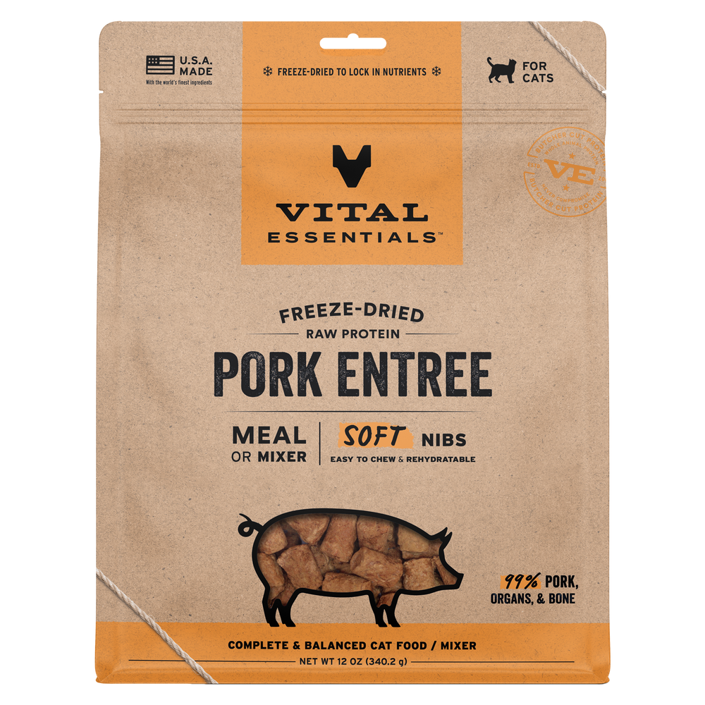 Front Packaging of Vital Essentials Freeze Dried Pork Soft Nibs Cat Food 12 oz