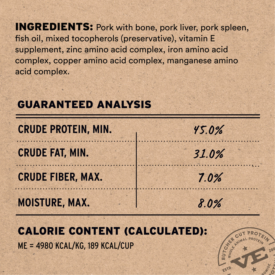 Ingredients,analysis and caloric content   label- Vital Essentials Freeze Dried Pork  Cat Food 
