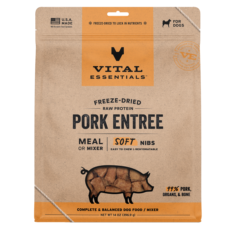 Front Packaging of Vital Essentials Freeze Dried Pork Soft Nibs Dog Food 14 oz