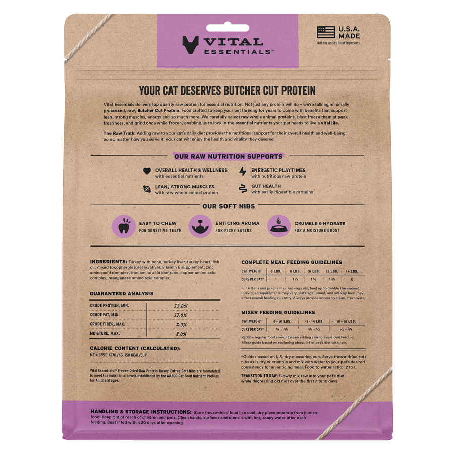 Back packaging of Vital Essentials Freeze Dried Turkey Soft Nibs Cat Food 12 oz