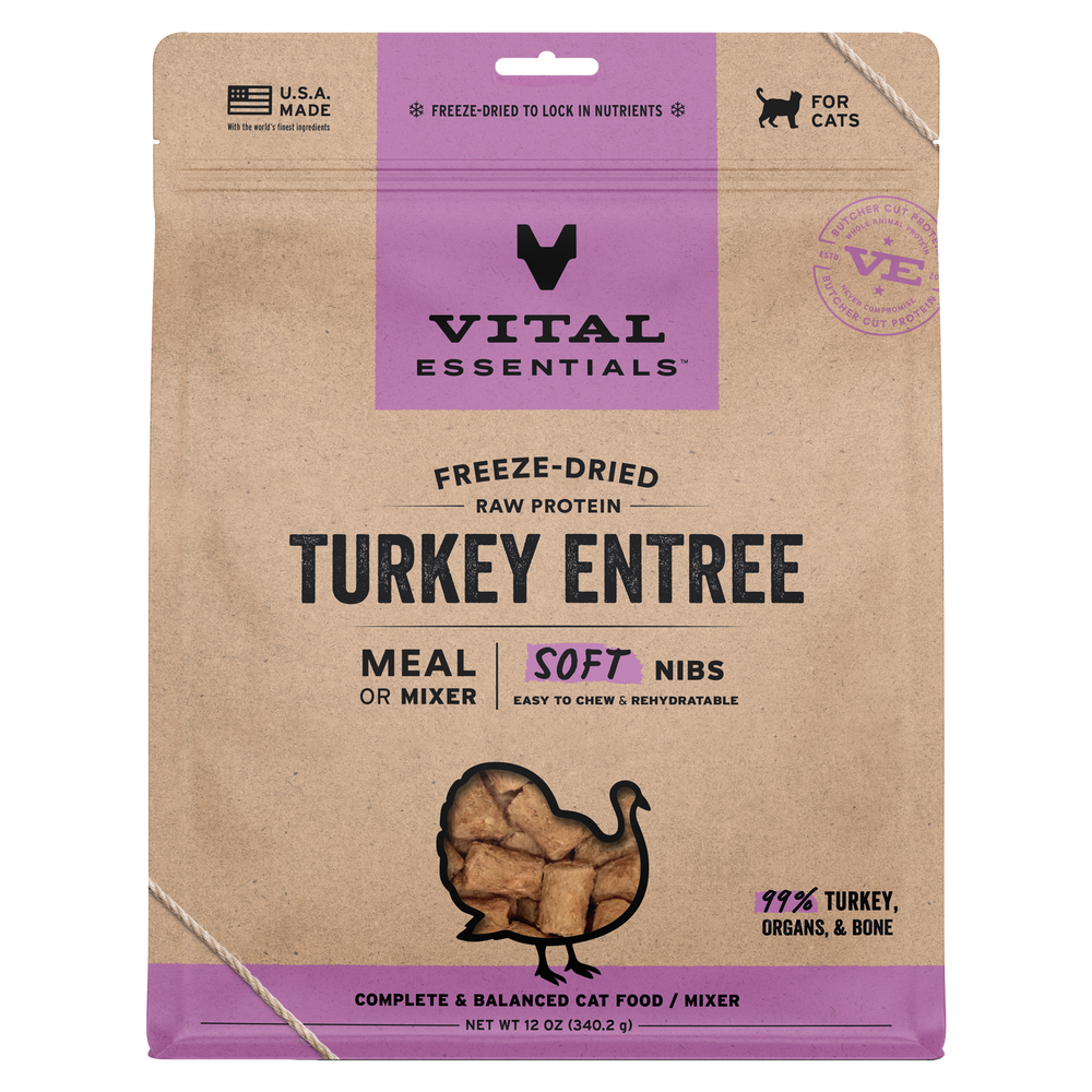 Front packaging of Vital Essentials Freeze Dried Turkey Soft Nibs Cat Food 12 oz