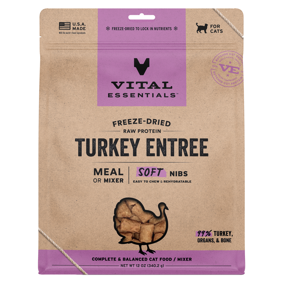 Front packaging of Vital Essentials Freeze Dried Turkey Soft Nibs Cat Food 12 oz