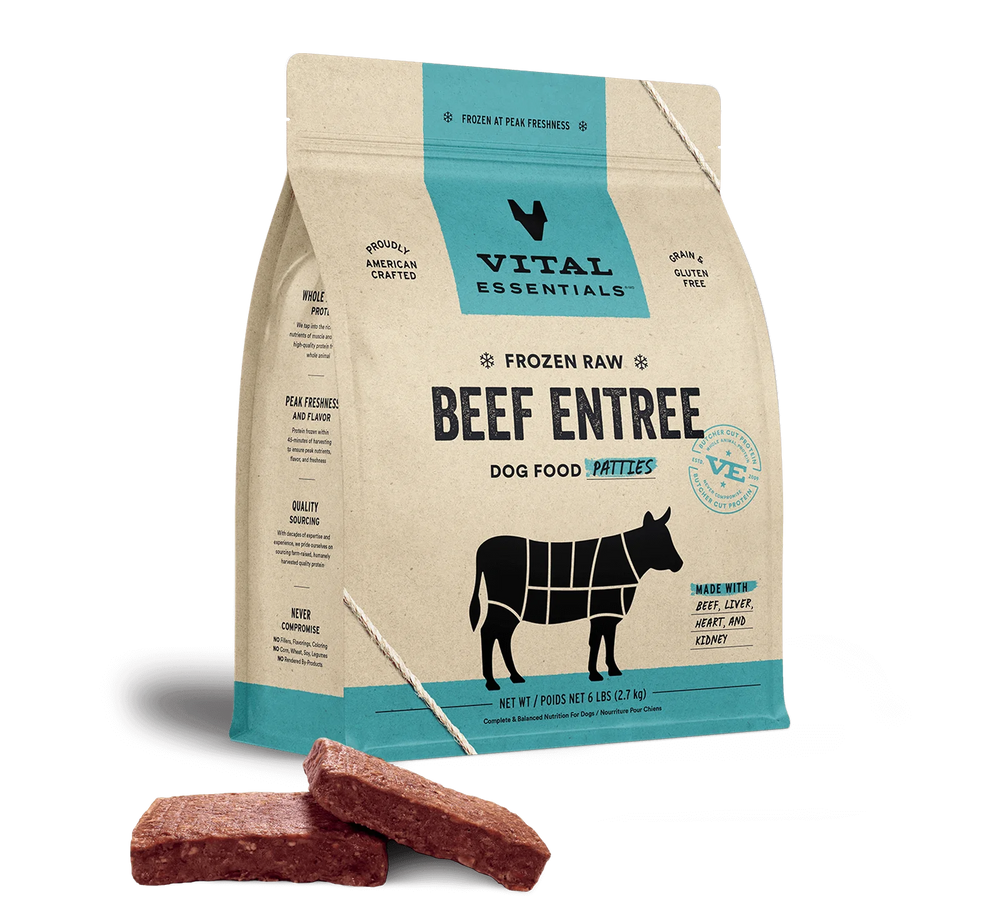 Front bag of Vital Essentials Frozen Raw Beef Entree Patties Dog Food 6 lbs