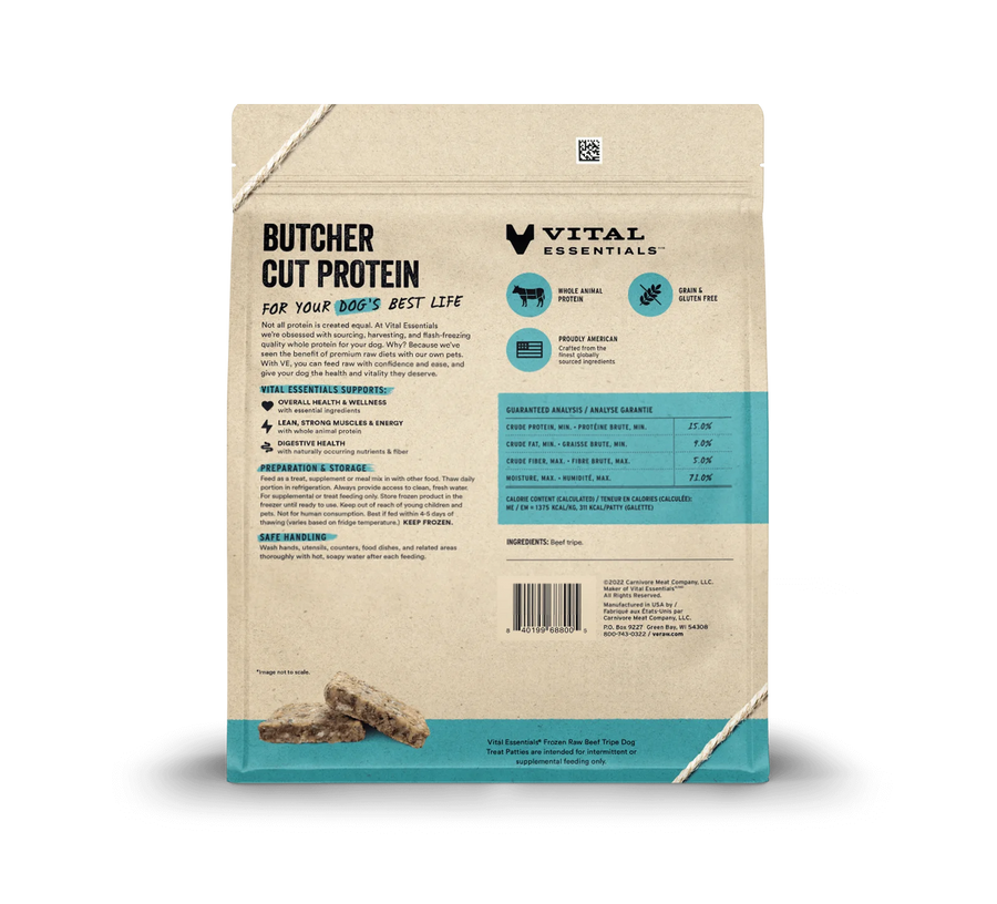 Back bag of Vital Essentials Frozen Raw Beef Tripe Entree Patties Dog Food 6 lbs