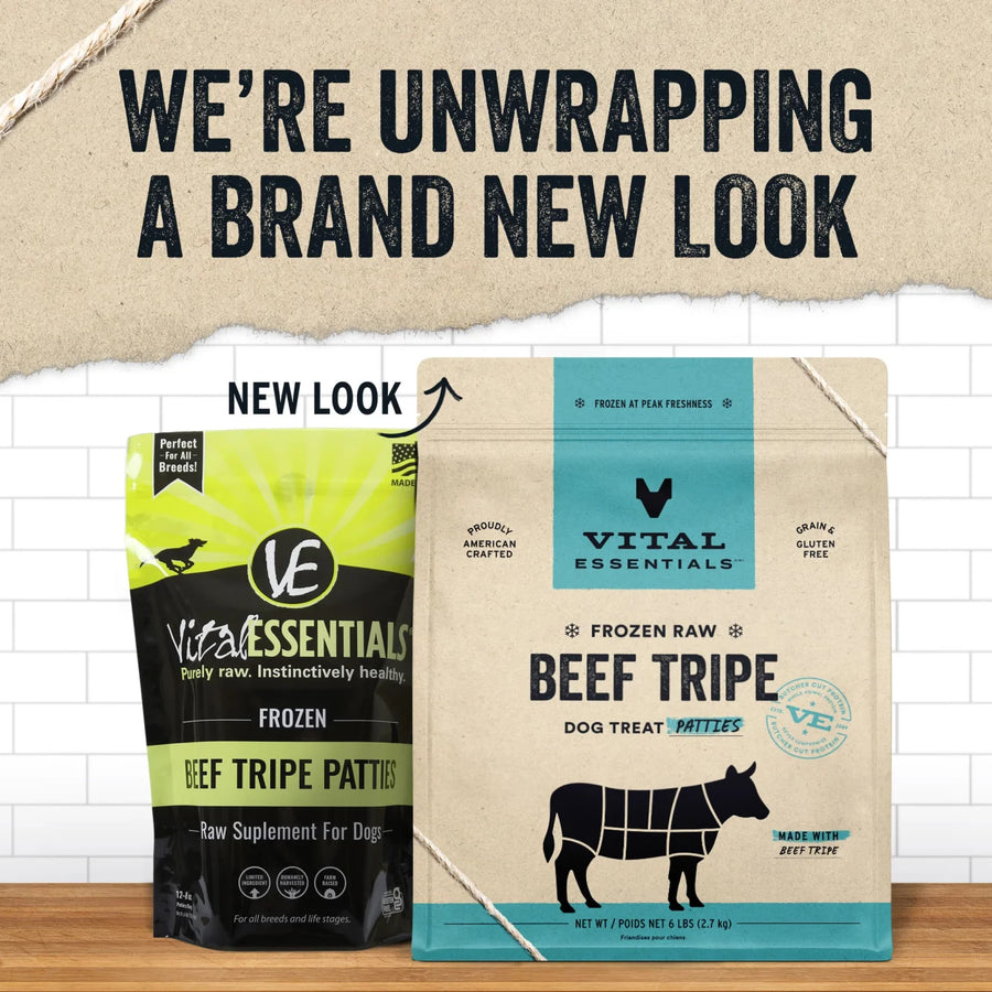 New Look of Vital Essentials Frozen Raw Beef Tripe Entree Patties Dog Food 6 lbs