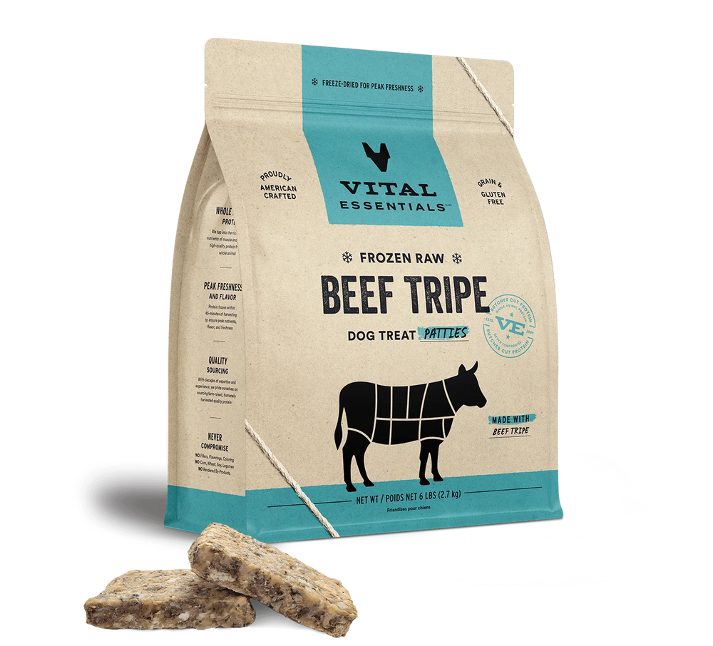 Front bag of Vital Essentials Frozen Raw Beef Tripe Entree Patties Dog Food 6 lbs
