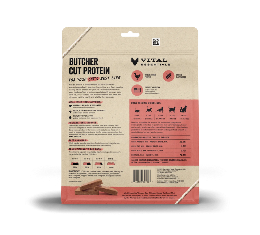 Back of bag of Vital Essentials Frozen Raw Chicken Entree Mini Patties Cat Food 28 oz