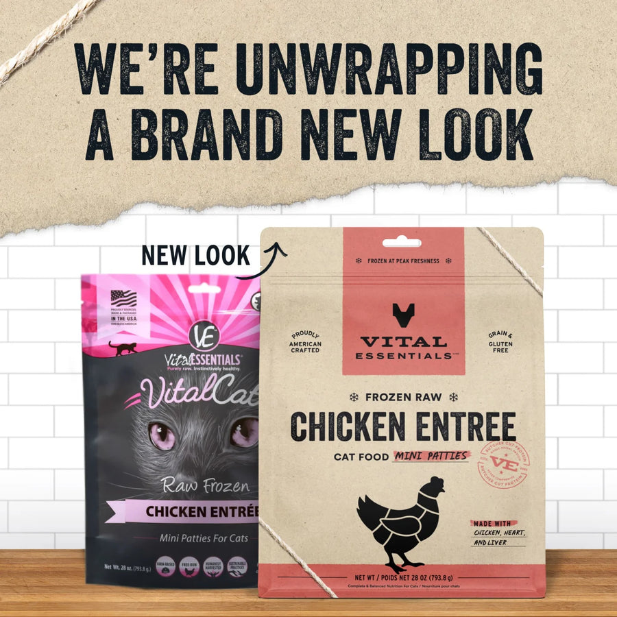 New Packaging for Vital Essentials Frozen Raw Chicken Entree Mini Patties Cat Food 28 oz