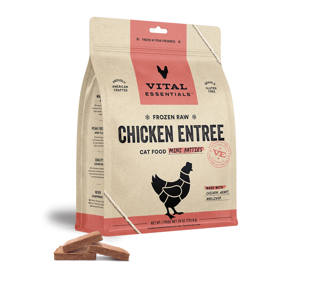 Front bag of Vital Essentials Frozen Raw Chicken Entree Mini Patties Cat Food 28oz