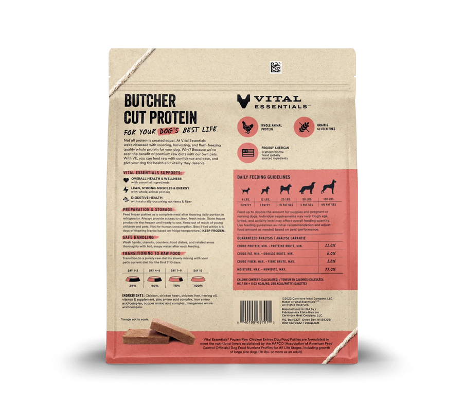 Back bag of Vital Essentials Frozen Raw Chicken Entree Patties Dog Food 6 lbs