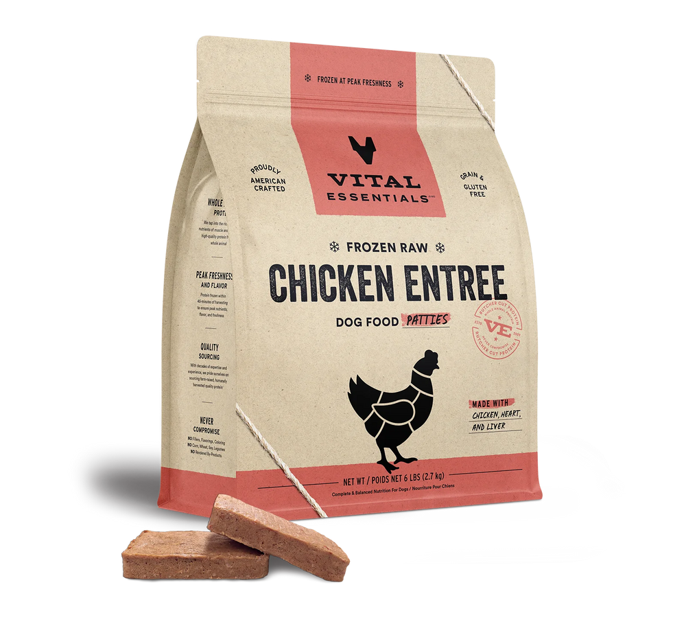 Front bag of Vital Essentials Frozen Raw Chicken Entree Patties Dog Food 6 lbs
