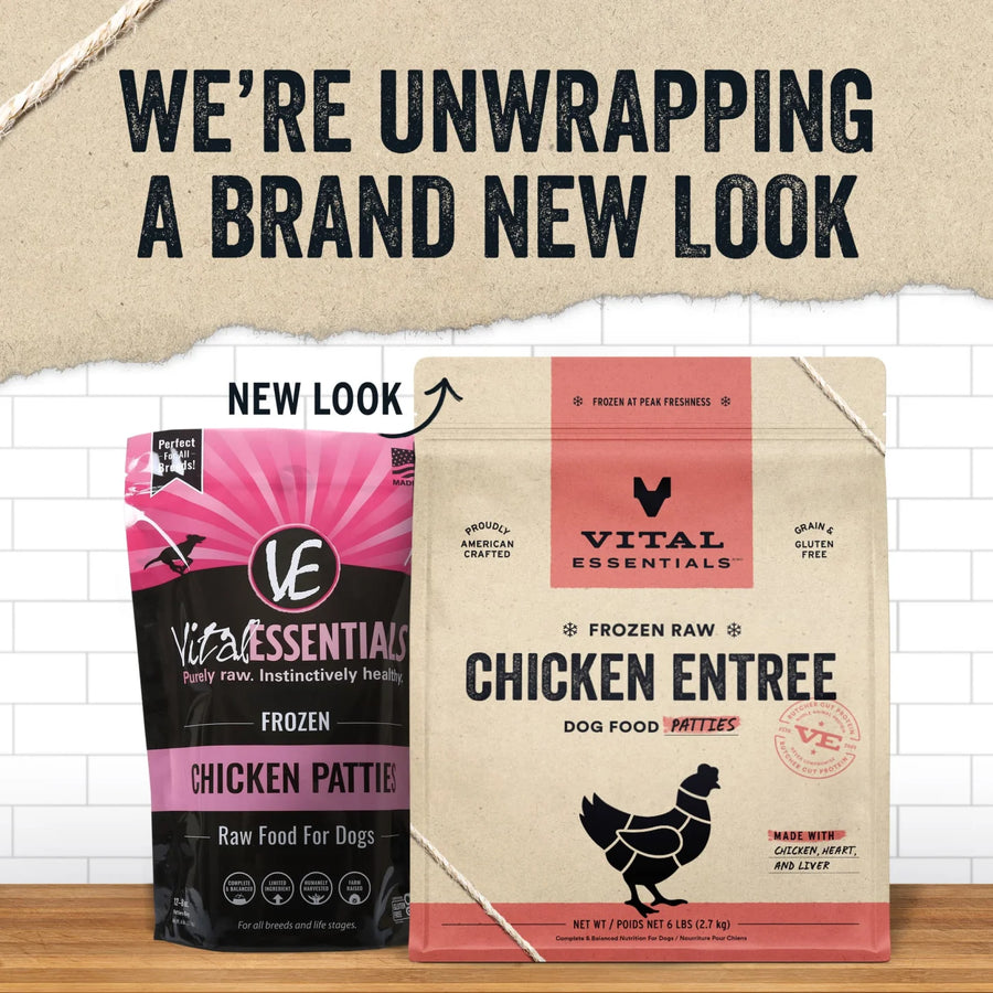 New packaging for Vital Essentials Frozen Raw Chicken Entree Patties Dog Food 6 lbs