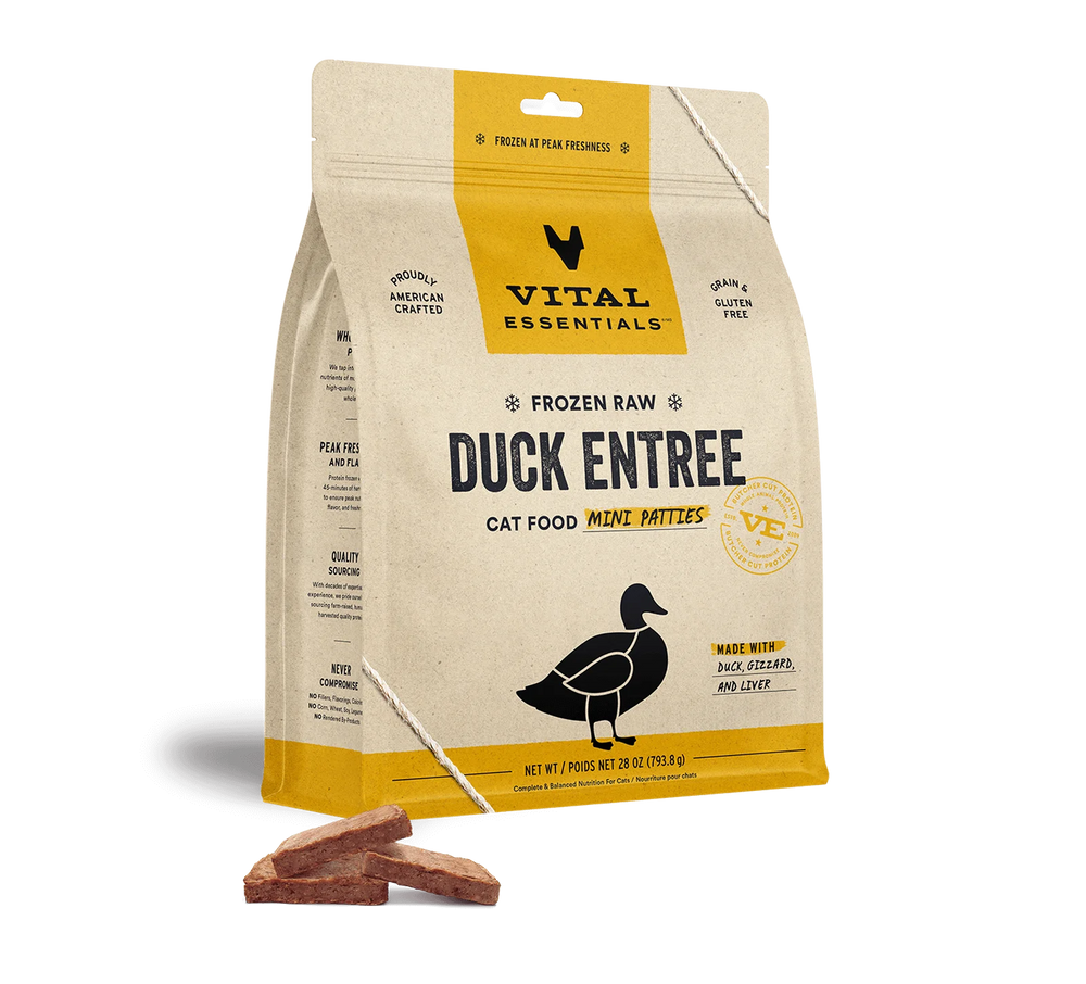 Front Bag of Vital Essentials Frozen Raw Duck Entree Mini Patties Cat Food 28 oz