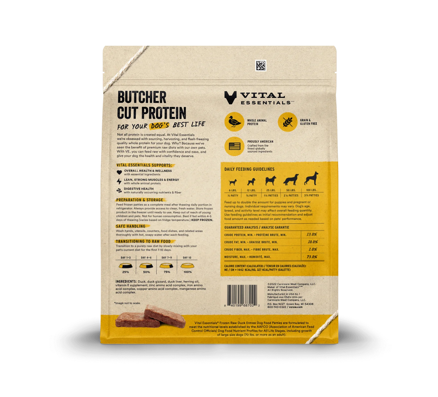Back bag of Vital Essentials Frozen Raw Duck Entree Patties Dog Food 6 lbs