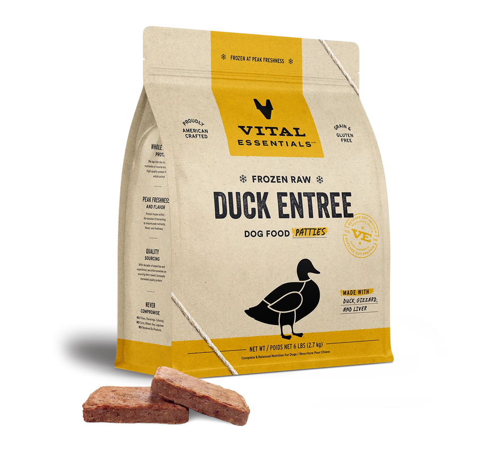 Front bag of Vital Essentials Frozen Raw Duck Entree Patties Dog Food 6 lbs
