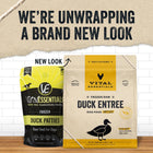 New packgaing of Vital Essentials Frozen Raw Duck Entree Patties Dog Food 6 lbs