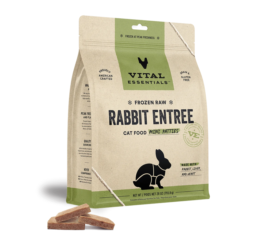 Front bag of Vital Essentials Frozen Raw Rabbit Entree Mini Patties Cat Food 28 oz