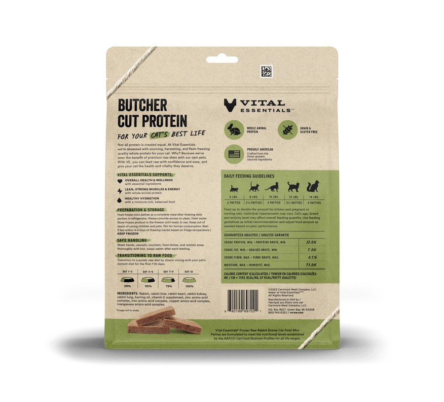Back bag of Vital Essentials Frozen Raw Rabbit Entree Mini Patties Cat Food