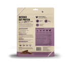The back of the bag of Vital Essentials Frozen Raw Turkey Entree Mini Patties for cats. The bag is divided into sections with detailed information. The top left displays the text 'BUTCHER CUT PROTEIN FOR YOUR CAT'S BEST LIFE,' followed by descriptions of health benefits such as lean muscles, hydration, and overall wellness. Preparation, storage, and transition instructions for feeding raw food are listed. The right side features feeding guidelines based on cat weight, a guaranteed analysis section.