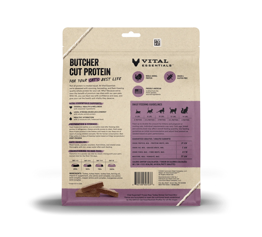 The back of the bag of Vital Essentials Frozen Raw Turkey Entree Mini Patties for cats. The bag is divided into sections with detailed information. The top left displays the text 'BUTCHER CUT PROTEIN FOR YOUR CAT'S BEST LIFE,' followed by descriptions of health benefits such as lean muscles, hydration, and overall wellness. Preparation, storage, and transition instructions for feeding raw food are listed. The right side features feeding guidelines based on cat weight, a guaranteed analysis section.