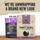 Image showcasing a packaging update for Vital Essentials Frozen Raw Turkey Entree Mini Patties for cats. At the top, bold black text on the background reads, 'WE'RE UNWRAPPING A BRAND NEW LOOK.' The new packaging is beige with purple accents, displaying the Vital Essentials logo, a turkey graphic, and key information like 'GRAIN & GLUTEN FREE.' An arrow labeled 'NEW LOOK' points to the updated design.