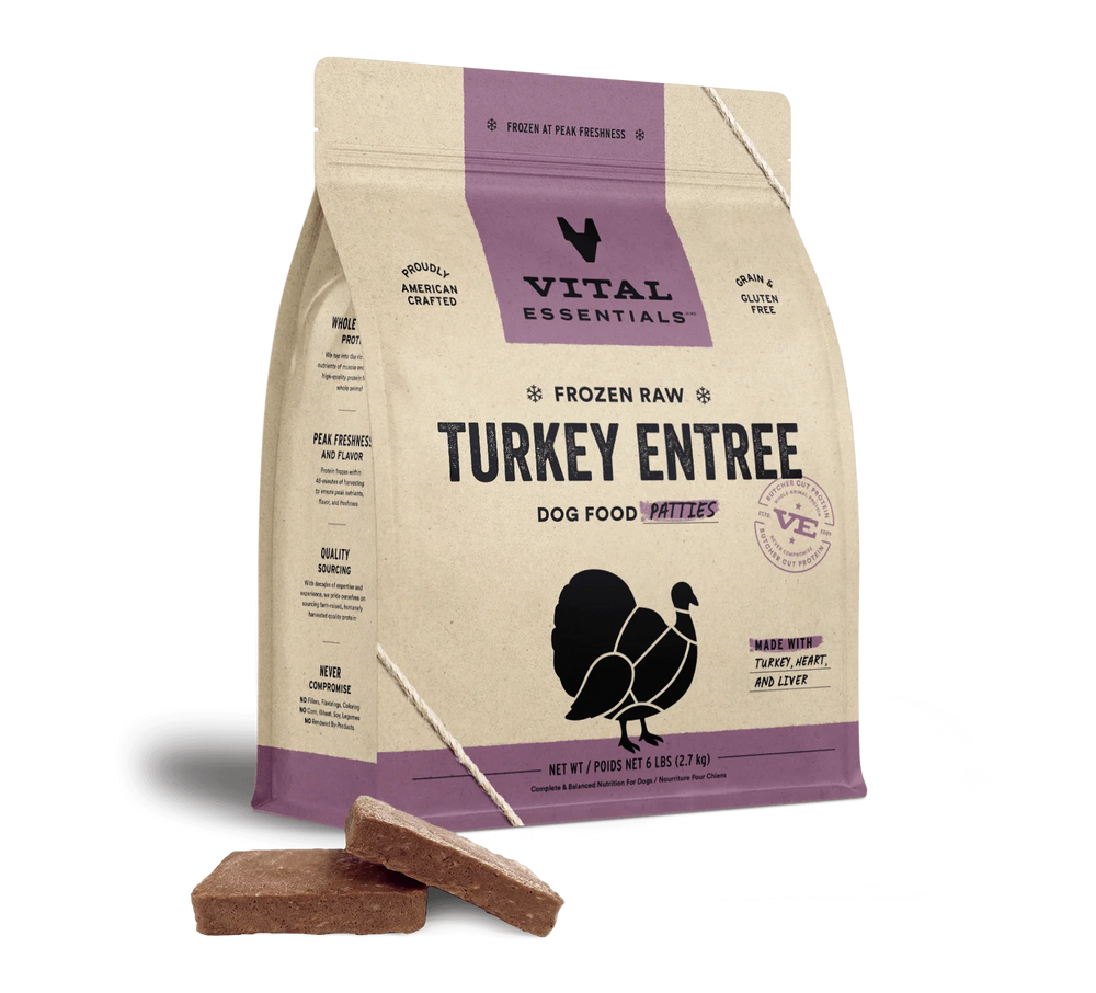 Front bag of Vital Essentials Frozen Raw Turkey Entree Patties Dog Food 6 lbs