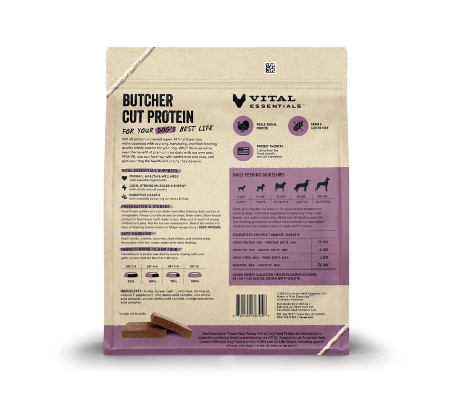 Back bag of Vital Essentials Frozen Raw Turkey Entree Patties Dog Food 6 lbs