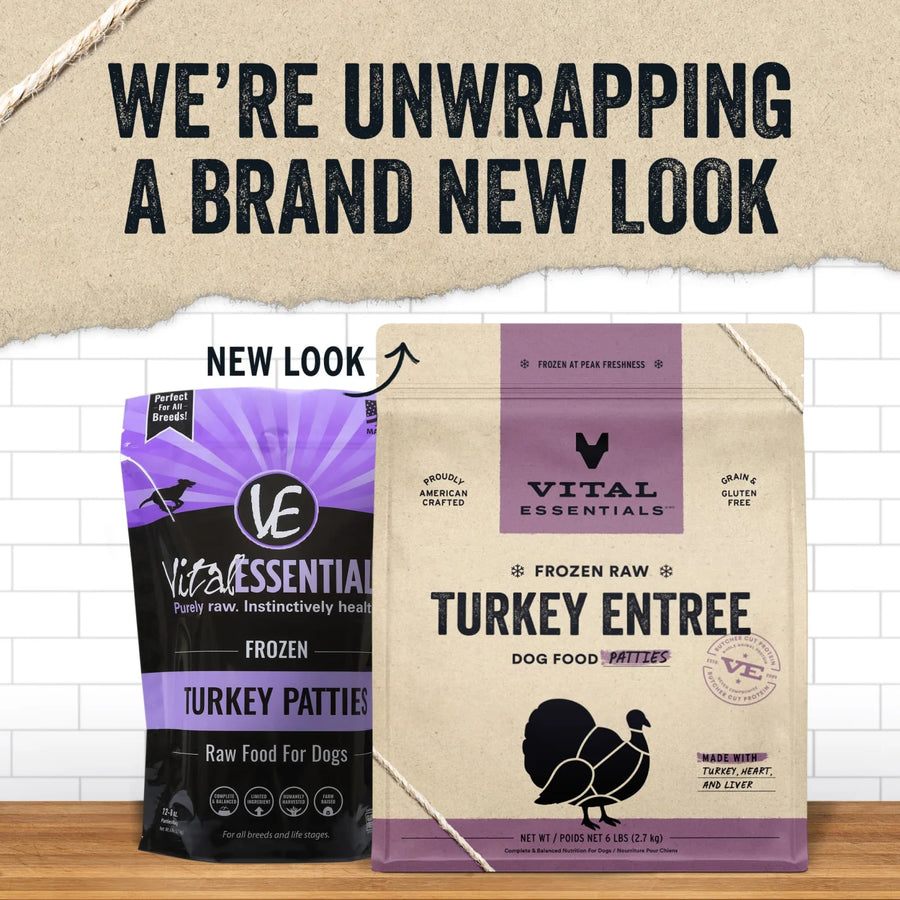New Packaging of Vital Essentials Frozen Raw Turkey Entree Patties Dog Food 6 lbs