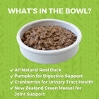 *All natural real duck
*Pumpkin for digestive support
*Cranberries for Urinary Tract Health
*New Zealand Green Mussels for joint support