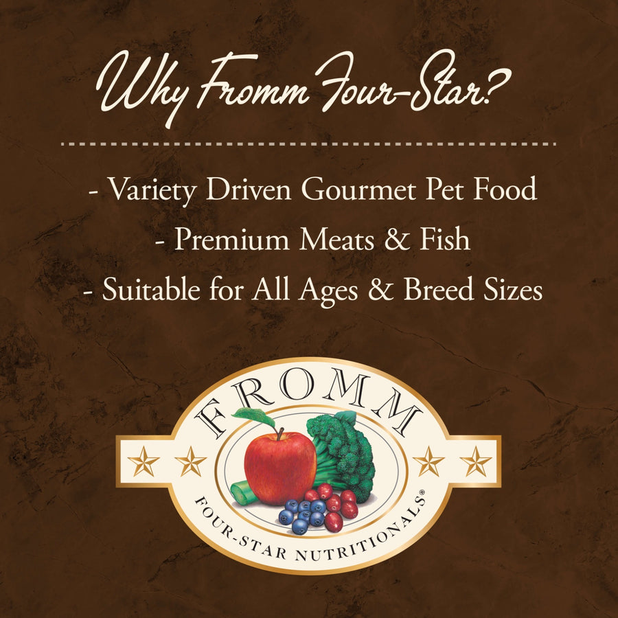 Why Fromm Four-Star?
* Variety Driven Gourmet Pet Food
* Premium Meats & Fish
* Suitable for All Aged & Breed Sizes