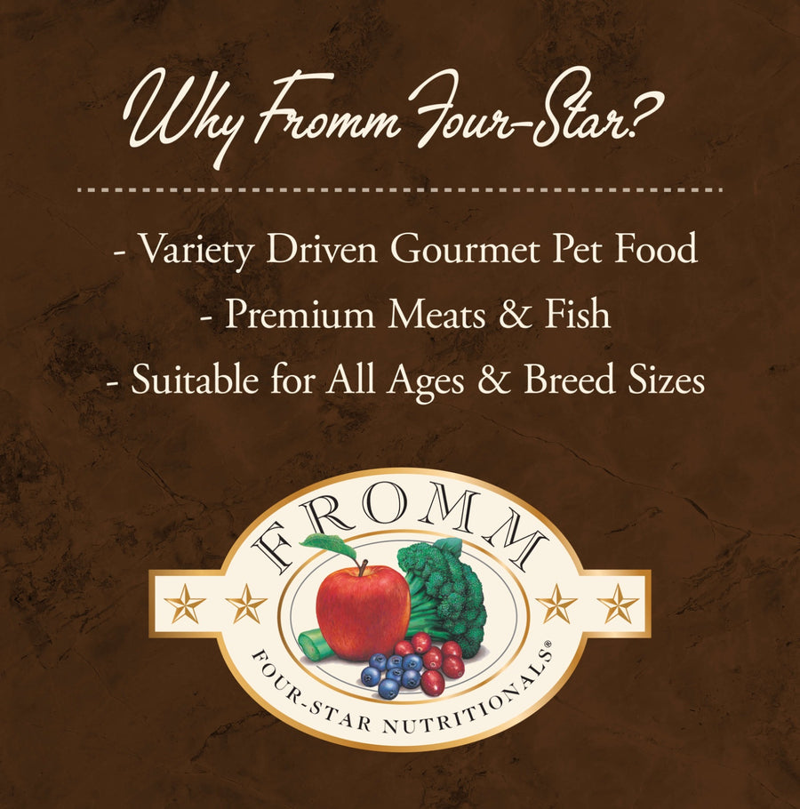 Why Fromm Four-Star?
* Variety Driven Gourmet Pet Food
* Premium Meats & Fish
* Suitable for All Aged & Breed Sizes