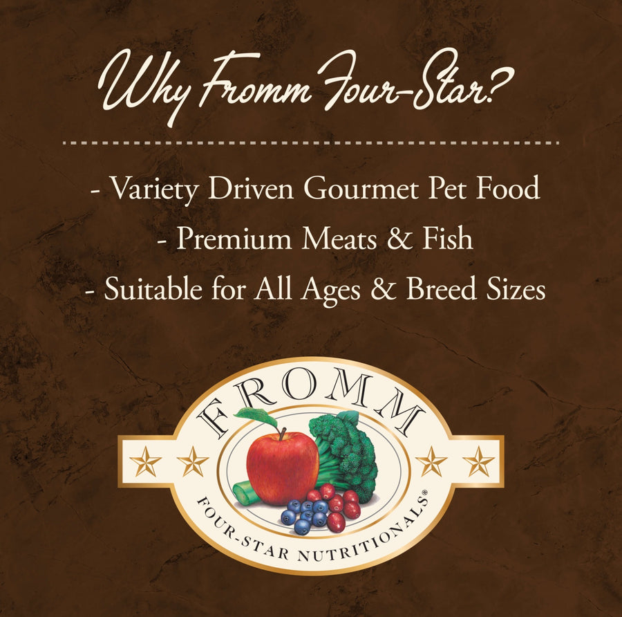 Why Fromm Four-Star?
* Variety Driven Gourmet Pet Food
* Premium Meats & Fish
* Suitable for All Aged & Breed Sizes