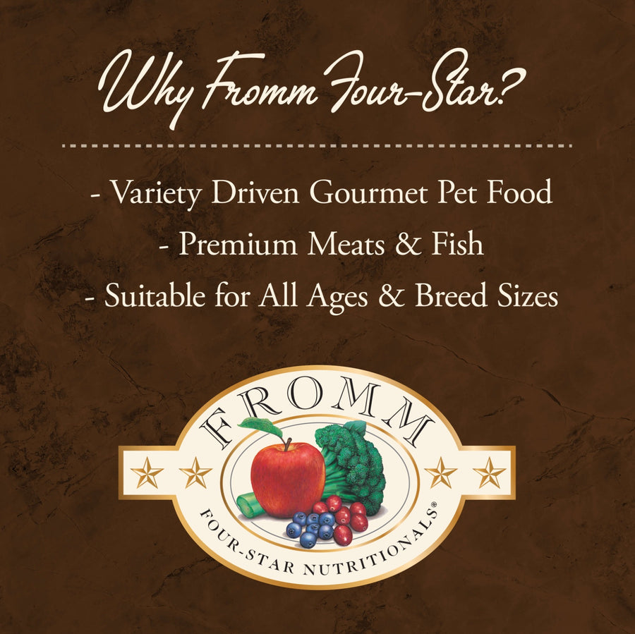 Why Fromm Four-Star?
* Variety Driven Gourmet Pet Food
* Premium Meats & Fish
* Suitable for All Aged & Breed Sizes