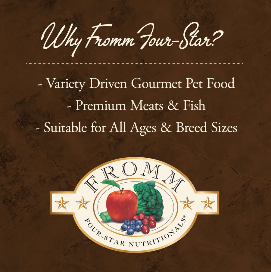Why Fromm Four-Star?
* Variety Driven Gourmet Pet Food
* Premium Meats & Fish
* Suitable for All Aged & Breed Sizes