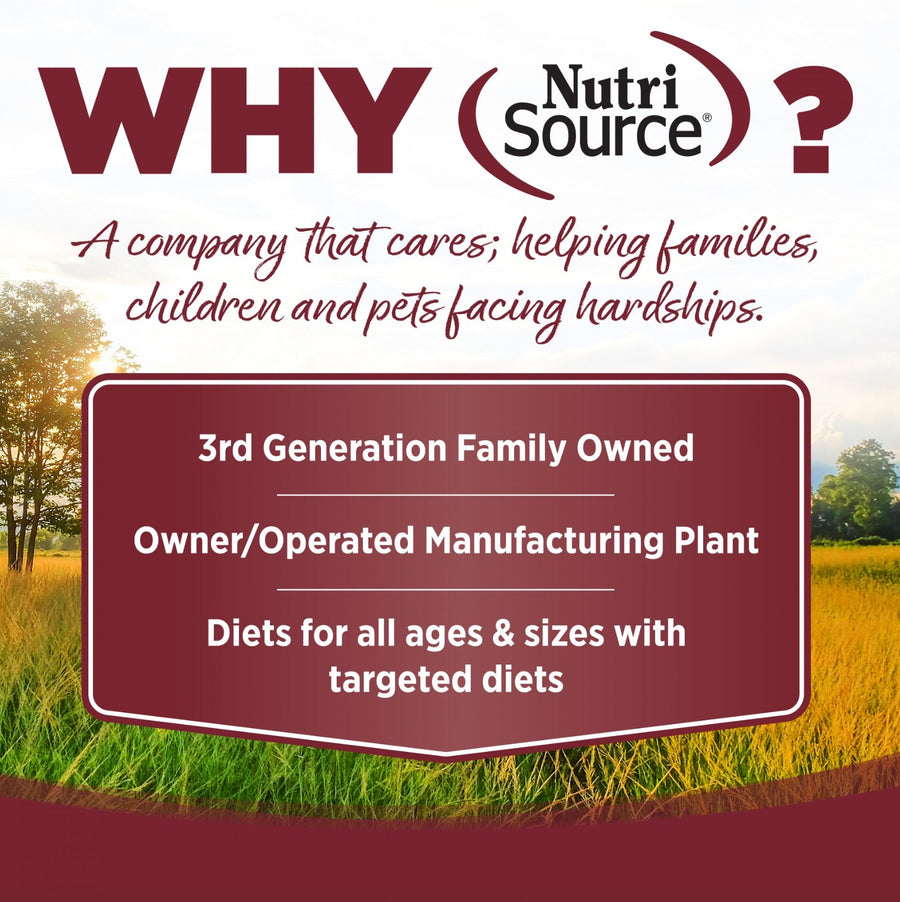 Why NutriSource? 3rd Generation Family owned, owner/operated manufacturing plant, diets for all ages & sizes with targeted diets.