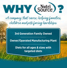 Why NutriSource? 3rd Generation Family owned, owner/operated manufacturing plant, diets for all ages & sizes with targeted diets.