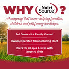 Why Nutrisource? 3rd Generation family owned, owner/operated manufacturing plant, diets for all ages & sizes with targeted diets.