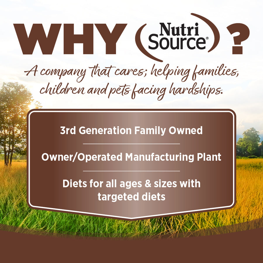 Why Nutrisource? 3rd Generation family owned, owner/operated manufacturing plant, diets for all ages & sizes with targeted diets.