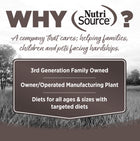 Why NutriSource? 3rd Generation Family owned, owner/operated manufacturing plant, diets for all ages & sizes with targeted diets.
