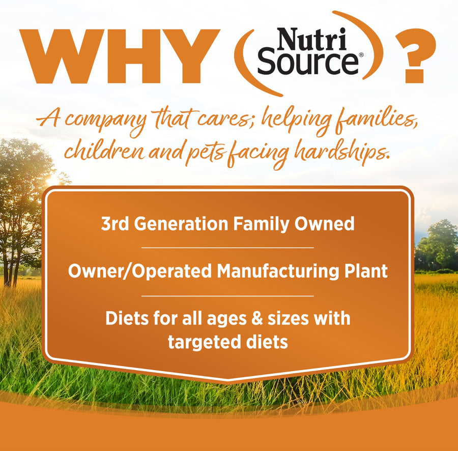Why NutriSource? 3rd Generation Family owned, owner/operated manufacturing plant, diets for all ages & sizes with targeted diets.
